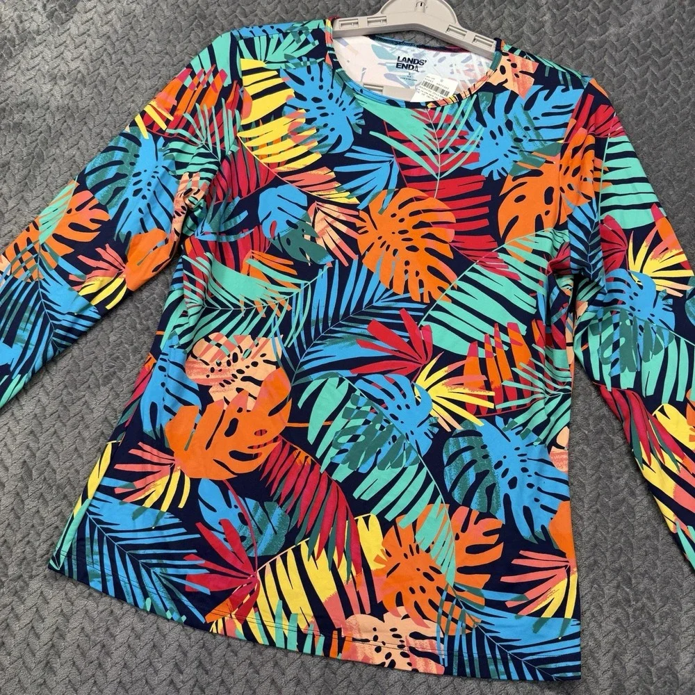 Lands' End Swim Tee Small Rash‎ Guard UPF 50 Tropical Multi Palm Leaves NEW